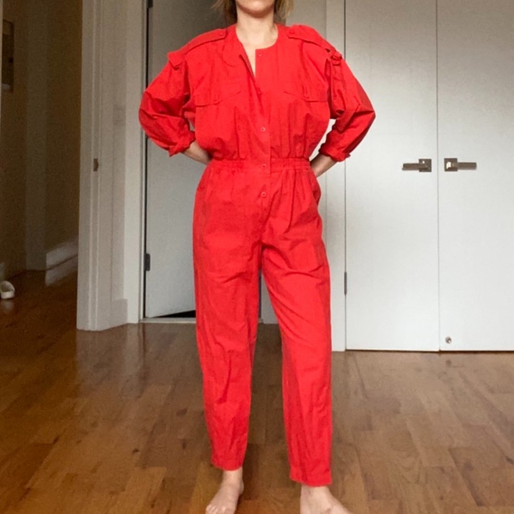 vintage 80s red button-up jumpsuit